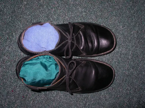 Schwarze Glattleder Schuhe zeigen die Innenseiten mit blauen und grünen Einlagen auf einem Teppich.