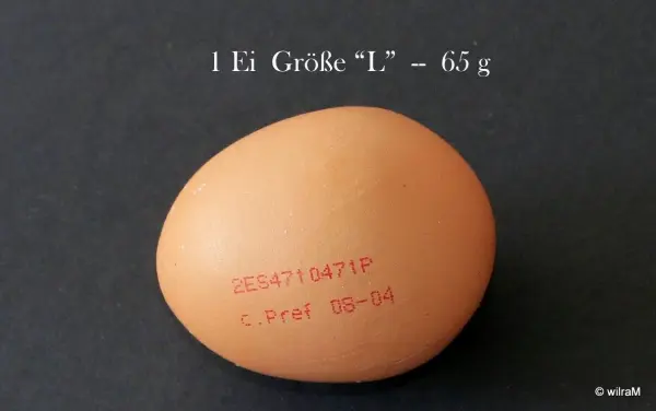 Ein braunes Ei ruht auf einem schwarzen Untergrund und zeigt eine Prägung mit Größe "L" und einem Gewicht von 65 g.