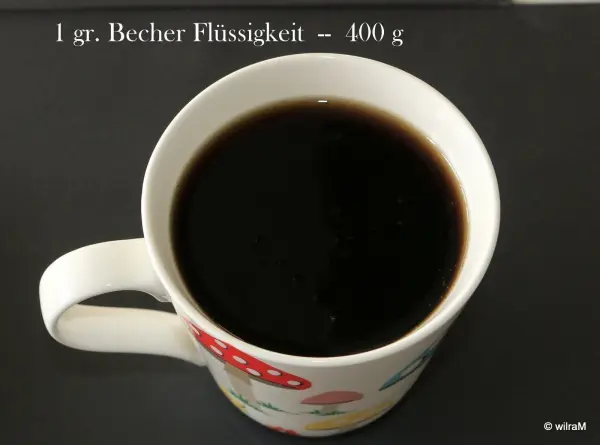 Ein Becher mit schwarzer Flüssigkeit steht auf einem dunklen Untergrund, beschriftet mit „1 gr. Becher Flüssigkeit - 400 g“.