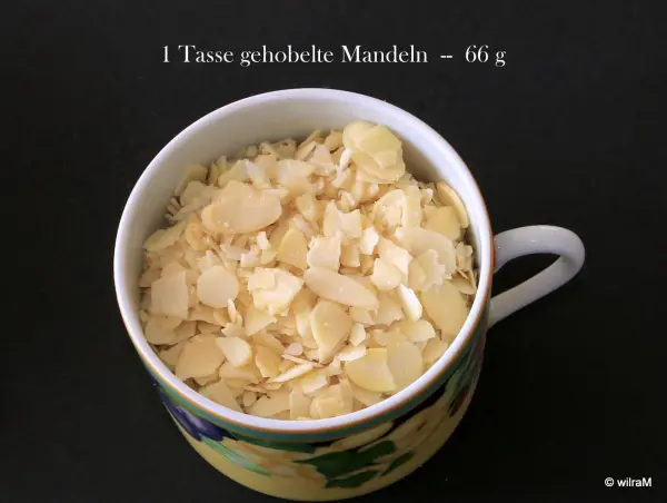 Eine Tasse gefüllte Mandeln zeigt, wie man Mengen abmessen kann, ohne eine Waage zu nutzen; sie beinhaltet 66 g Mandeln.