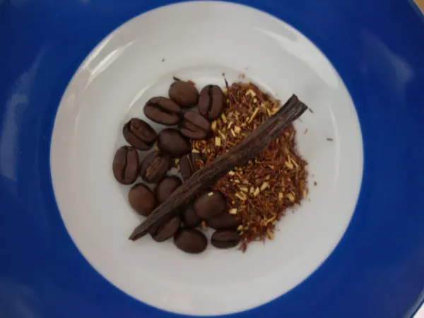 Kaffeebohnen und eine Vanilleschote liegen auf getrockneten Kräutern auf einem blau-weißen Teller, perfekt für eine Riechdiät.