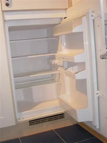 Ein geöffneter Kühlschrank mit leeren Regalen zeigt eine Reinigungssituation zur Vorbereitung des Ausmistens.