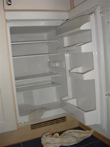 Ein leerer Kühlschrank steht geöffnet, während jemand ihn reinigt und ausmistet. Ein Tuch liegt auf dem Boden.