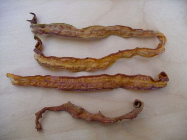 Dünne, gebogene Möhrenchips liegen auf einer hellen Oberfläche, bereit für die Zubereitung im Toaster oder Backofen.