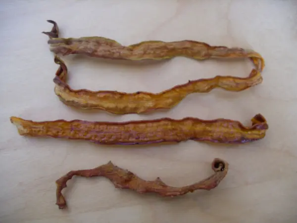 Dünne, gebogene Möhrenchips liegen auf einer hellen Oberfläche, bereit für die Zubereitung im Toaster oder Backofen.