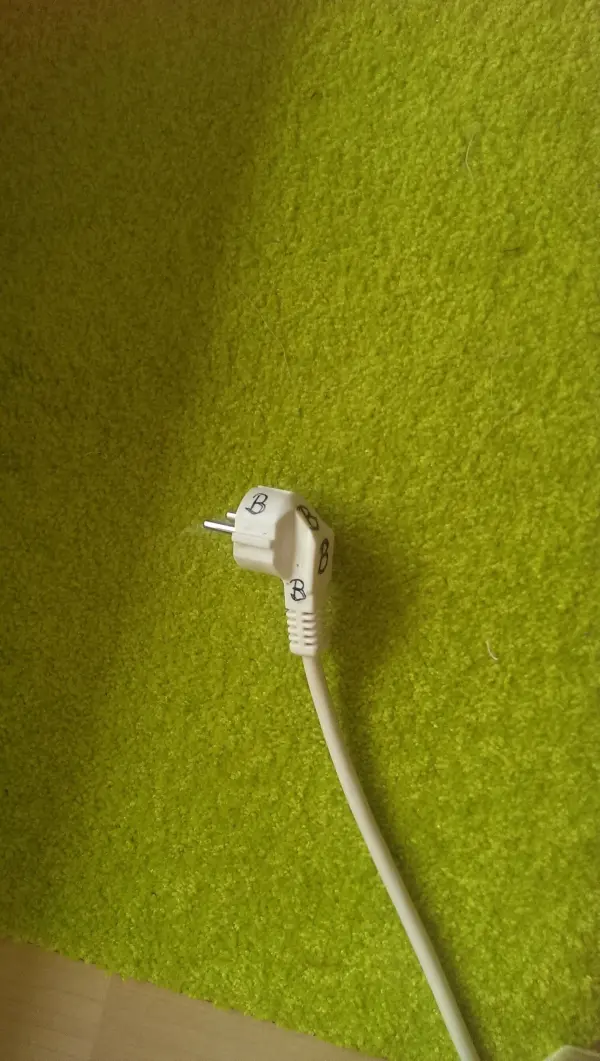 Ein weißer Stecker liegt auf einem grünen Teppich und ist nicht mit einem Gerät verbunden, was Fragen zum Bügeleisen aufwirft.