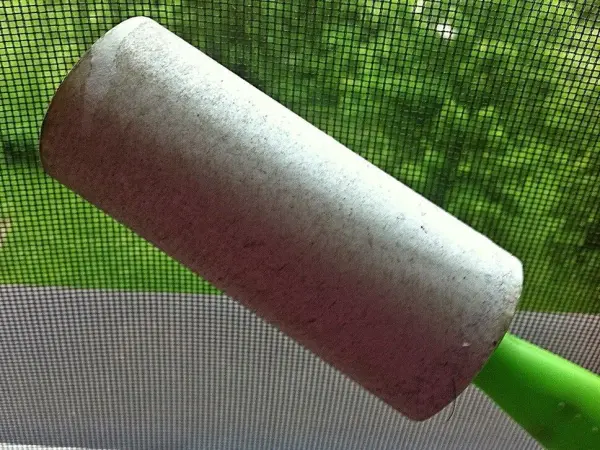 Eine Fusselrolle reinigt ein Fliegengitter, während im Hintergrund das grüne Außenlicht durchscheint.