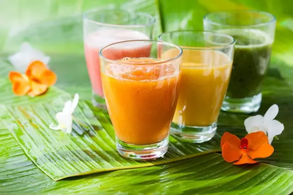 Bunte Smoothies stehen in Gläsern auf grünen Blättern, umgeben von dekorativen Blumen, die frische gesunde Genussmomente ausstrahlen.