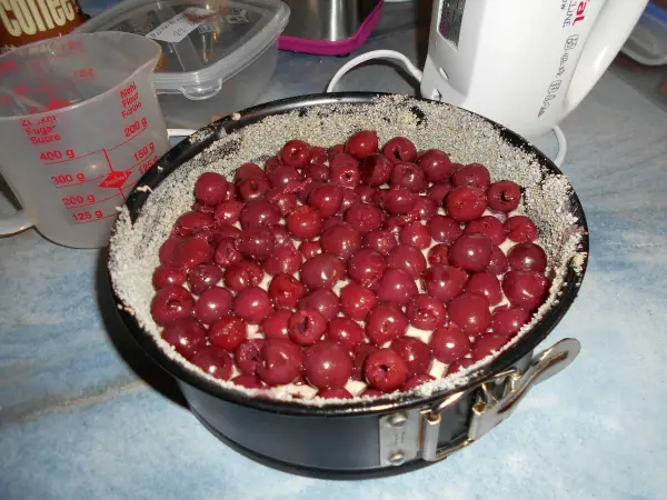 Ein Kuchen mit Sauerkirschen liegt in einer Springform, umgeben von Küchengeräten und Zutaten auf einer Arbeitsplatte.