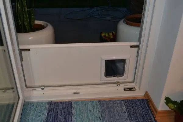 Eine Katzenklappe ist in eine Tür integriert und ermöglicht Katzen den Zugang, ohne die Türe zu beschädigen.
