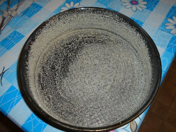 Ein leerer, rundlicher Kuchenboden steht auf einem blauen Tisch mit Blumenmuster, bereit für die Zubereitung eines Käsekuchens.
