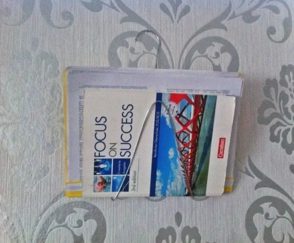 Ein Drahtkleiderbügel hält ein aufgeschlagenes Buch mit dem Titel "FOCUS ON SUCCESS" an einer Wand mit Muster.