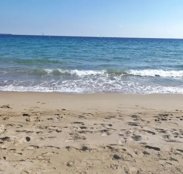 Sanfter Sandstrand mit Fußabdrücken, während die Wellen sanft ans Ufer rollen und das Meer strahlend blau leuchtet.