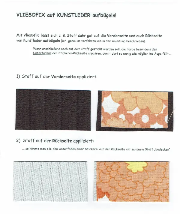 Vlieseline wird auf Kunstleder aufgebügelt; Anleitungen zeigen das Aufbringen auf Vorder- und Rückseite.