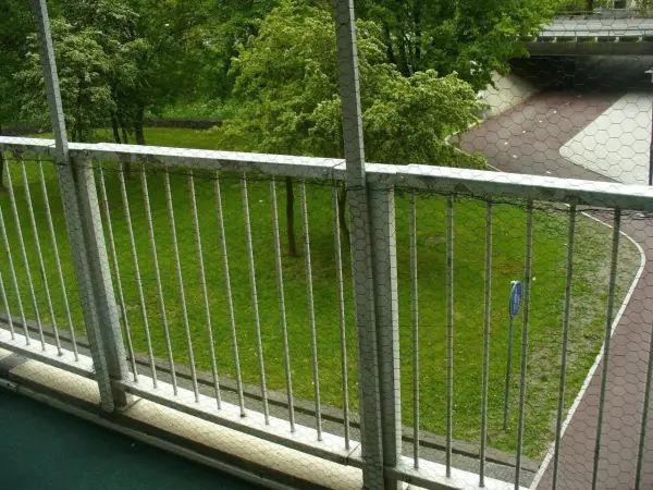 Ein Balkon mit Sicherheitsnetz wurde vorbereitet, um sicherzustellen, dass Katzen nicht entkommen, während er grüne Bäume umgibt.