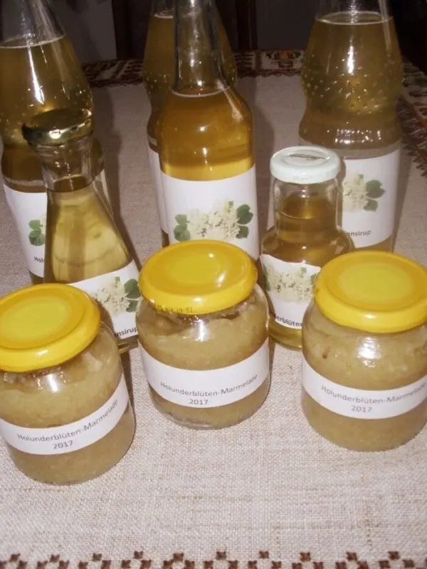 In der Mitte stehen Gläser mit Sirup, die Holunderblüten und Zitronen enthalten, auf einem Tisch.