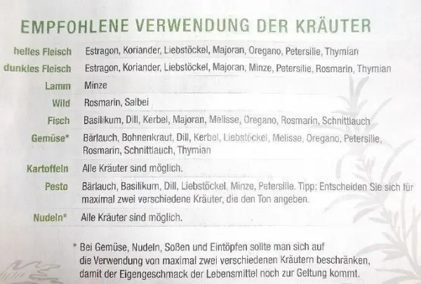 Kräuter sind aufgelistet und zeigen ihre empfohlenen Verwendungen in der Küche, wie für Salate oder Suppen.