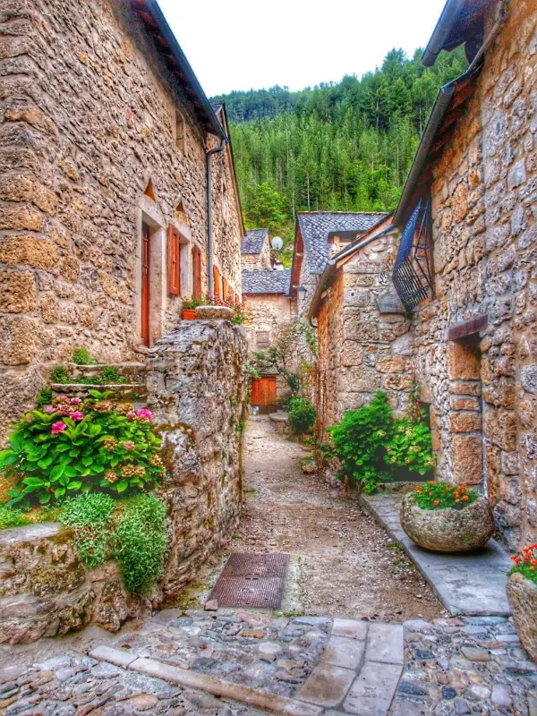 Engagierte Fotografen erkunden eine malerische, gepflasterte Gasse zwischen steinernen Häusern, um bessere Fotos zu machen.