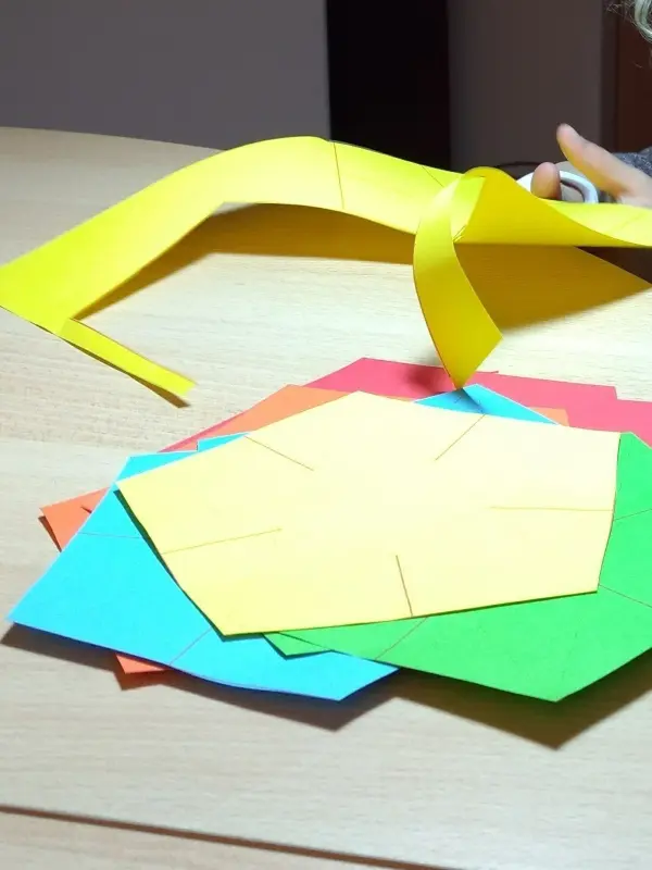 Bunte Papierstücke liegen auf einem Tisch, während eine Hand Papier schneidet, um Windlichter für den Advent zu basteln.