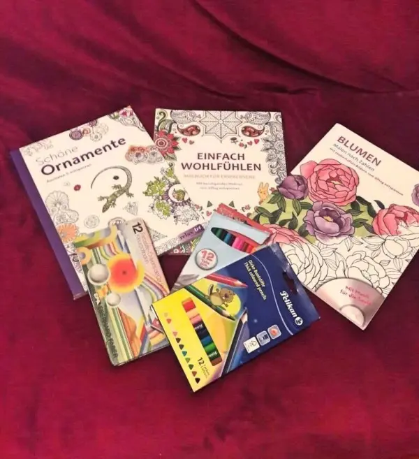 Farbenfrohe Malbücher für Erwachsene liegen auf einem roten Samtuntergrund, umgeben von Buntstiften.