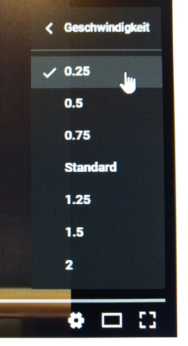 Ein Dropdown-Menü zeigt verschiedene Geschwindigkeitsoptionen zum langsamen Abspielen von Videos, mit 0.25 ausgewählt.