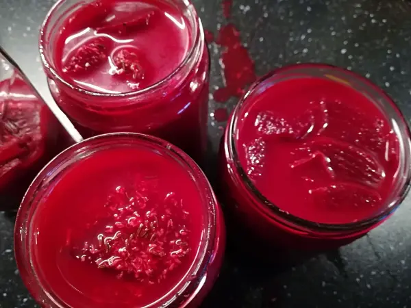 Drei Glasbehälter mit leuchtend rotem Rote-Rüben-Salat stehen auf einer dunklen Arbeitsfläche, bereit zur Konservierung.