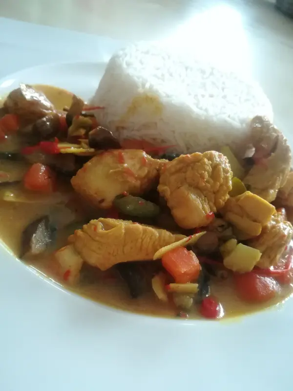 Ein Hähnchen-Curry mit buntem Gemüse wird zusammen mit Reis serviert, alles auf einem weißen Teller angerichtet.
