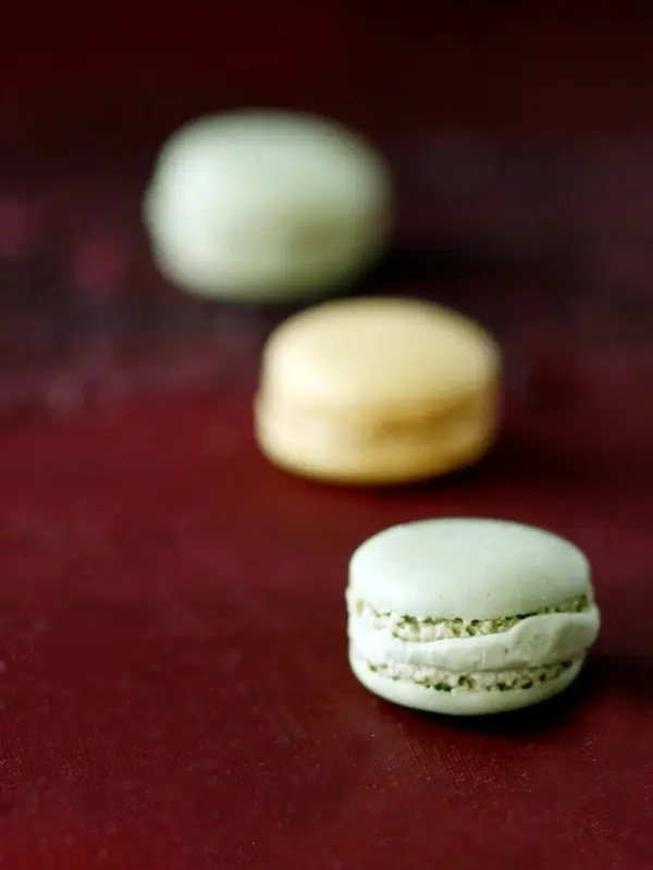 Zarte Macarons in verschiedenen Farben liegen auf einem dunklen Hintergrund und sind bereit für ein köstliches Rezeptfoto.