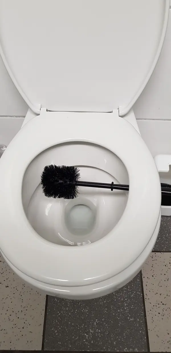Eine Toilettenbürste liegt im Inneren der Toilette und ist bereit, zur Desinfektion verwendet zu werden.