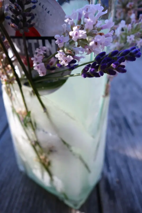 Ein Flaschenkühler aus Eis und Blumen hält eine Flasche inmitten von Lavendel und anderen Blüten, umgeben von Holz.