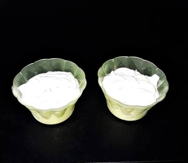 Zwei Schalen mit erfrischendem Joghurteis, das cremig und weiß aussieht, stehen vor einem schwarzen Hintergrund.