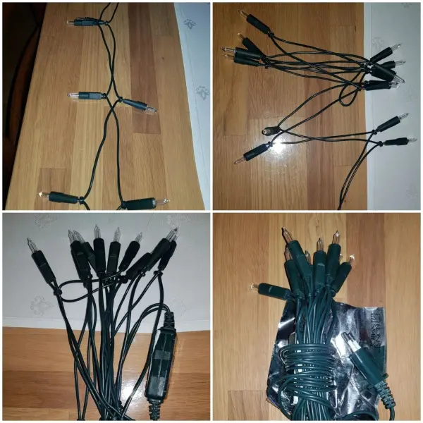 Eine Lichterkette liegt auf einem Tisch, während die Kabel ordentlich verstaut sind, um sie sicher aufzubewahren.
