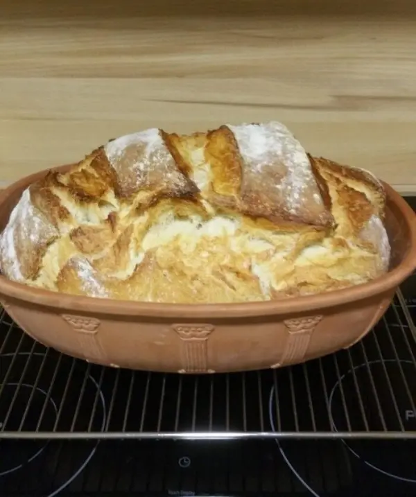 Ein frisch gebackenes Joghurtbrot ruht goldbraun und knusprig im Römertopf auf einem Ofengitter neben einer Holzfläche.