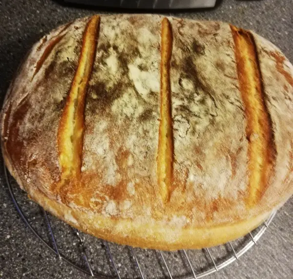 Ein goldbraunes Joghurtbrot mit drei Einschnitten ruht auf einem Kühlgitter in einer modernen Küchenumgebung.