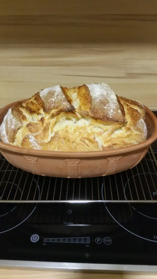 Ein römertopf mit frisch gebackenem Joghurtbrot steht auf dem warmen Herd. Das Brot hat eine goldene, knusprige Kruste.