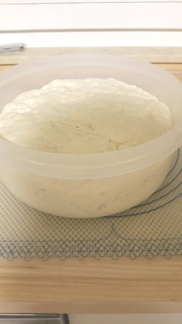 Ein großer Teig in einer transparenten Schüssel ruht auf einem Küchentisch, bereit zum Backen von Joghurtbrot.