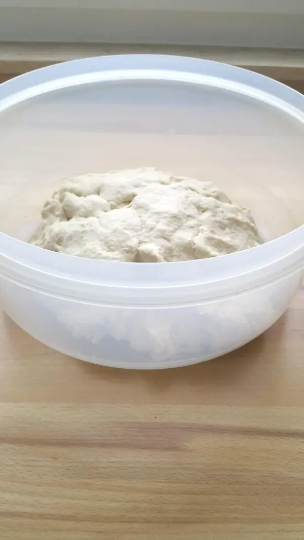 Der Teig für das Joghurtbrot ruht in einer weißen Schüssel auf einer Holzoberfläche, bereit zum Backen.