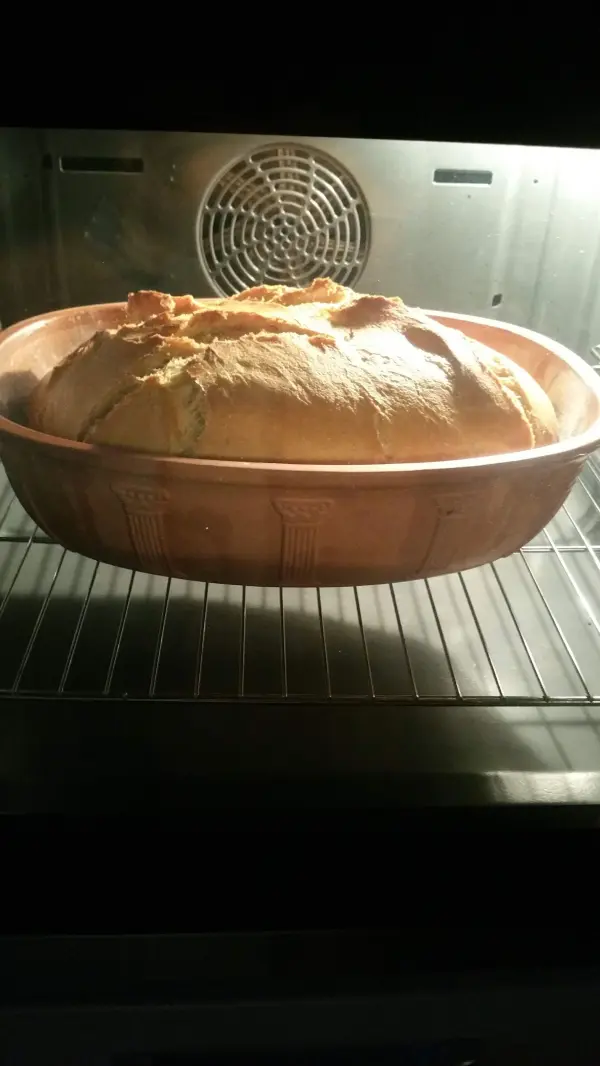 Ein großes, aufgegangenes Dinkel-Roggenbrot in einem Römertopf backt im Ofen und verströmt einen köstlichen Duft.