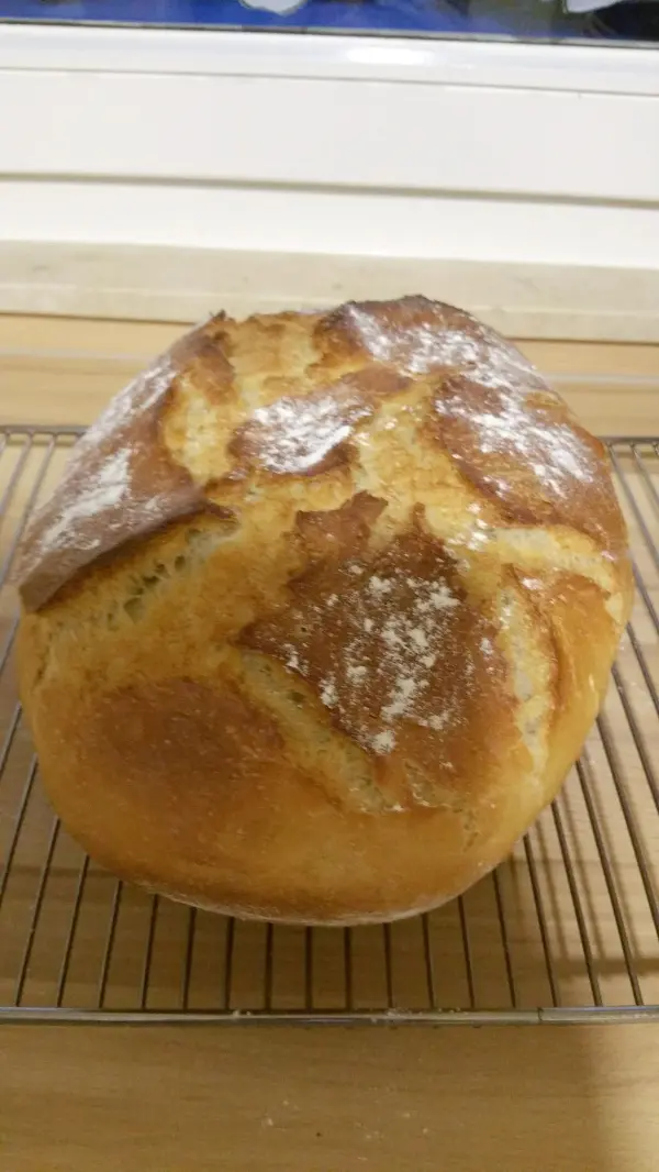 Ein golden-braunes Dinkel-Roggenbrot liegt auf einem Auskühlgitter, warm und frisch gebacken, mit einer knusprigen Kruste.
