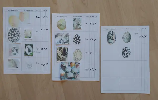 Bunte Seiten zeigen detailreiche Eiermuster und Vorlagen zum Verzieren, ideal für vorösterliche Erfahrungen.
