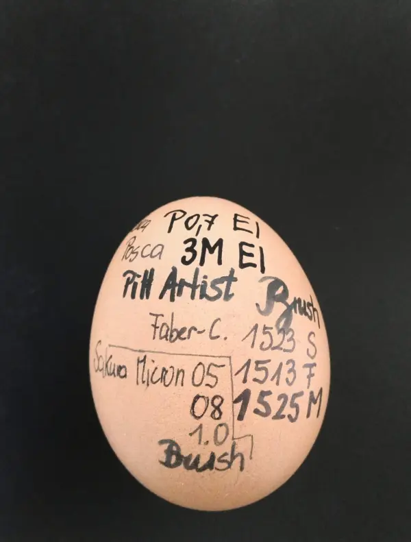 Ein braunes Ei ist mit schwarzem Text und Zeichnungen verziert und liegt vor einem dunklen Hintergrund.