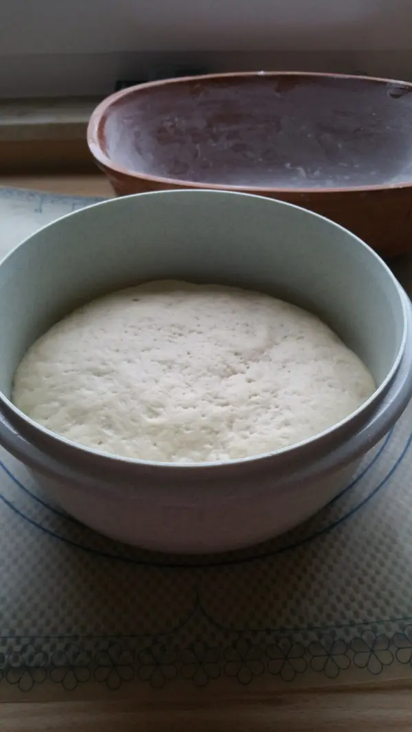 Ein runder Teig in einer Schüssel steigt an und bereitet sich auf das Backen von knusprigem Brot im Römertopf vor.