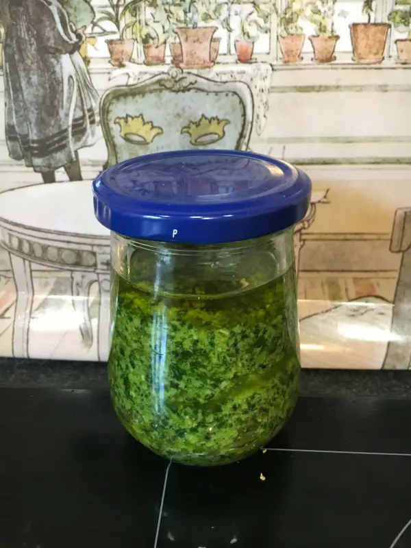 Ein Glas mit Bärlauchpesto steht auf einem Tisch hinter einem dekorativen Hintergrund mit Pflanzen.