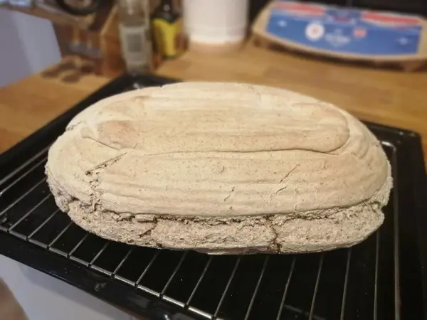 Ein frisch gebackenes Sauerteig-Roggenmischbrot liegt auf einem Gitter. Die hölzerne Umgebung betont die rustikale Atmosphäre.