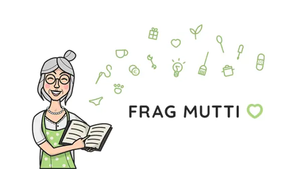 Eine lächelnde ältere Frau mit Brille hält ein Buch und präsentiert das "Frag Mutti"-Logo umgeben von verschiedenen Icons.