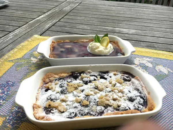 Zwei köstliche Schwedische Blaubeer-Tartelettes mit Pudding und Sahne liegen auf einem Holztisch im Sonnenschein.