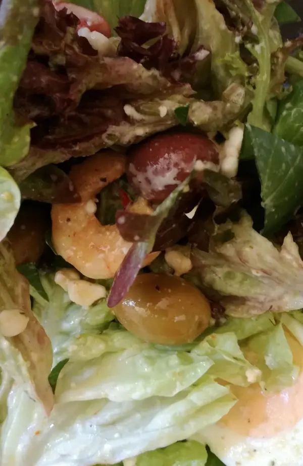 Frischer Pflücksalat mit Garnelen und Oliven liegt in einer Schüssel, umgeben von knackigem Gemüse und Dressing.