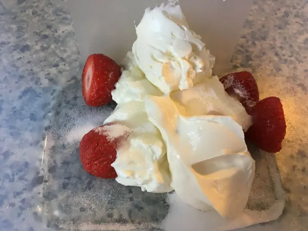 Ein Dessert aus frischen Erdbeeren und Sahne liegt auf einem glatten Teller, umgeben von einem hellen Hintergrund.