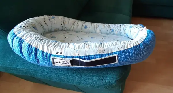 Ein Babynest liegt auf einem grünen Sofa, eingerahmt von einer blauen und hellen Innenseite, bereit für ein Baby.
