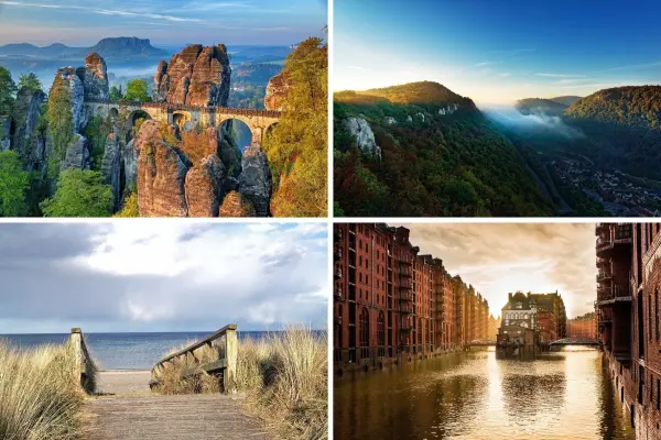 Beeindruckende Landschaften zeigen Bergformationen, ein Nebeltal, eine Küstenlandschaft und historische Hafenarchitektur.